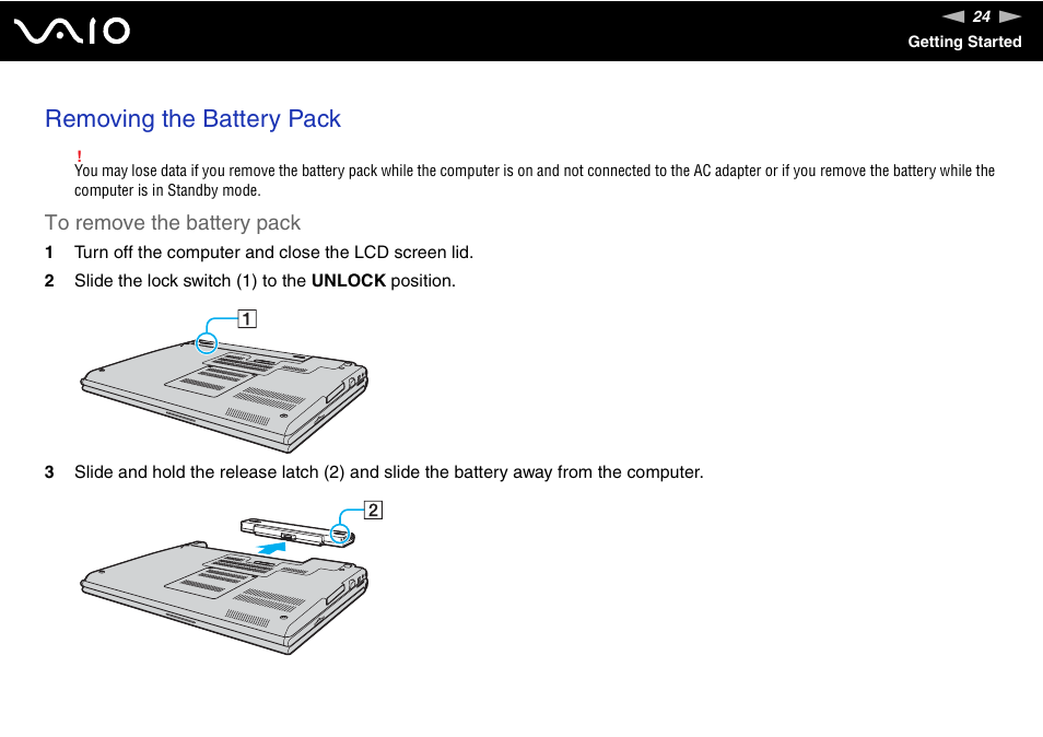 Removing the battery pack | Sony VGN-SZ140 User Manual | Page 24 / 221