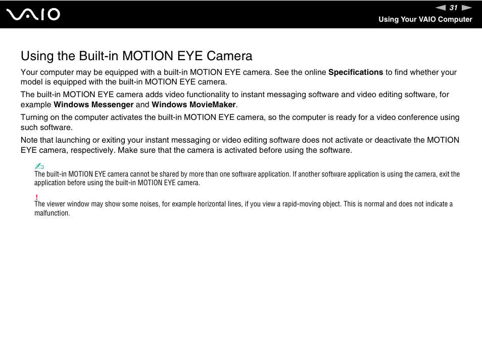 Using the built-in motion eye camera | Sony VGN-SZ140 User Manual | Page 31 / 221