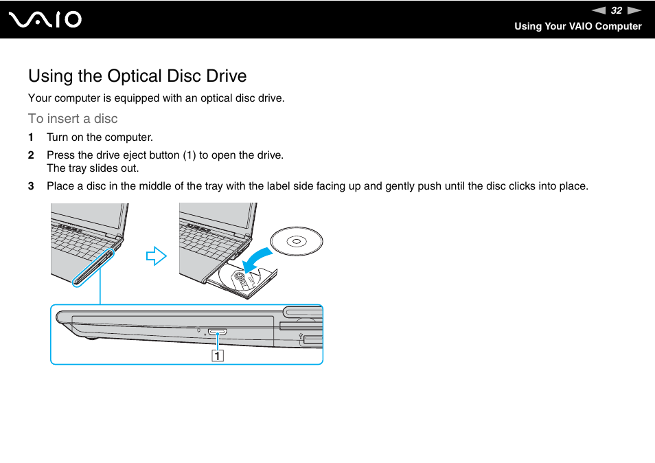 Using the optical disc drive | Sony VGN-SZ140 User Manual | Page 32 / 221