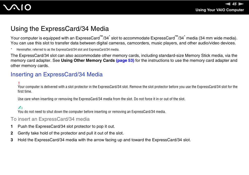 Using the expresscard/34 media, Inserting an expresscard/34 media | Sony VGN-SZ140 User Manual | Page 45 / 221