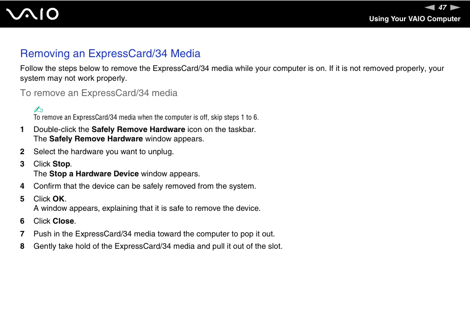 Removing an expresscard/34 media | Sony VGN-SZ140 User Manual | Page 47 / 221