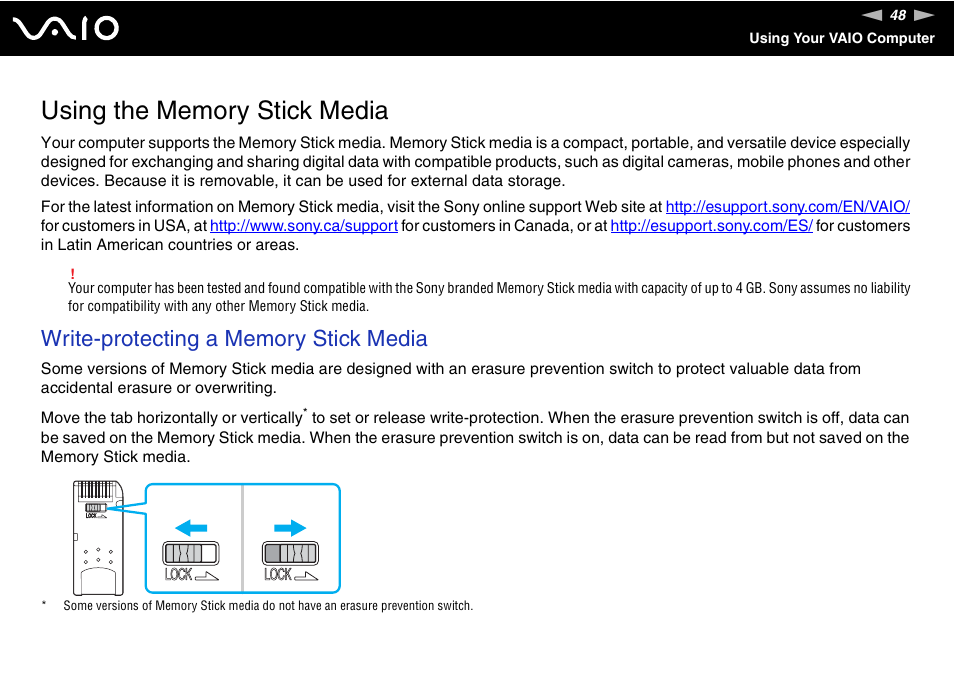 Using the memory stick media | Sony VGN-SZ140 User Manual | Page 48 / 221