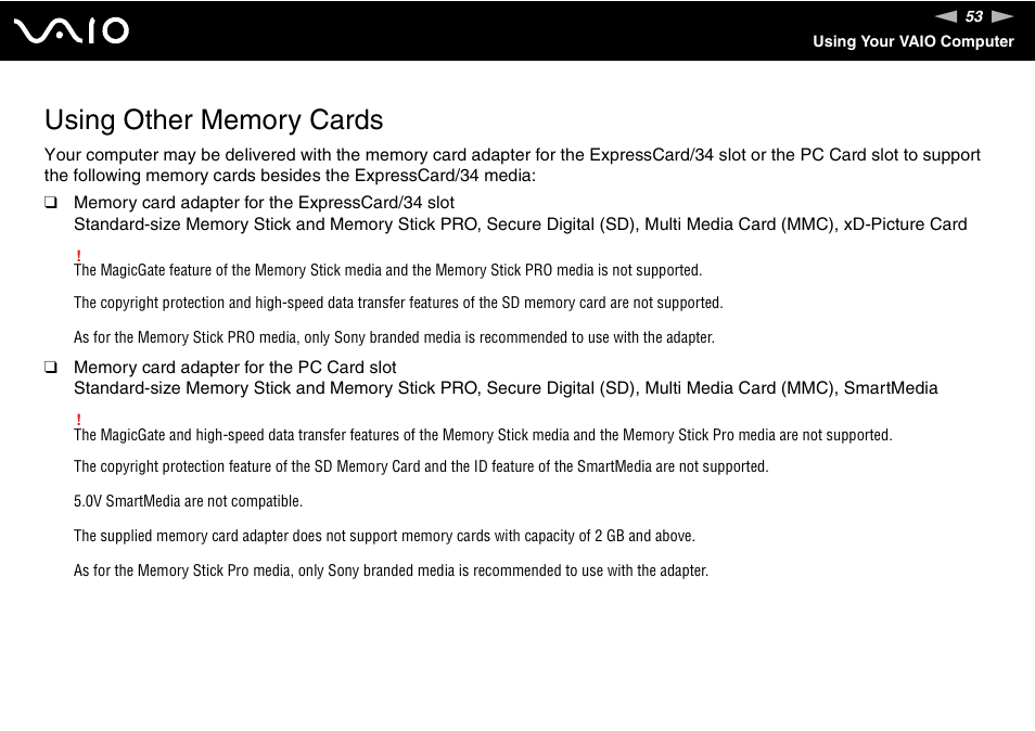 Using other memory cards | Sony VGN-SZ140 User Manual | Page 53 / 221