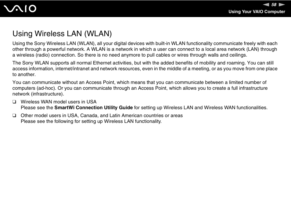 Using wireless lan (wlan) | Sony VGN-SZ140 User Manual | Page 58 / 221