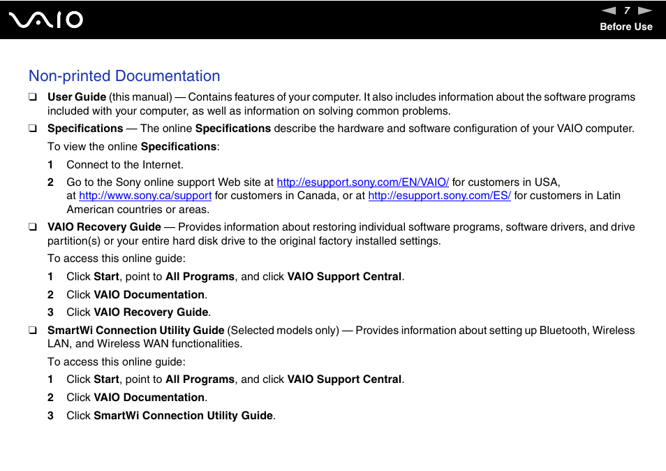 Non-printed documentation | Sony VGN-SZ140 User Manual | Page 7 / 221