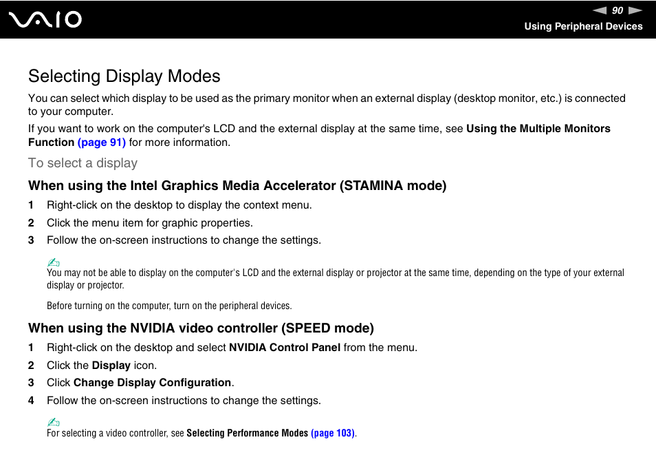 Selecting display modes | Sony VGN-SZ140 User Manual | Page 90 / 221