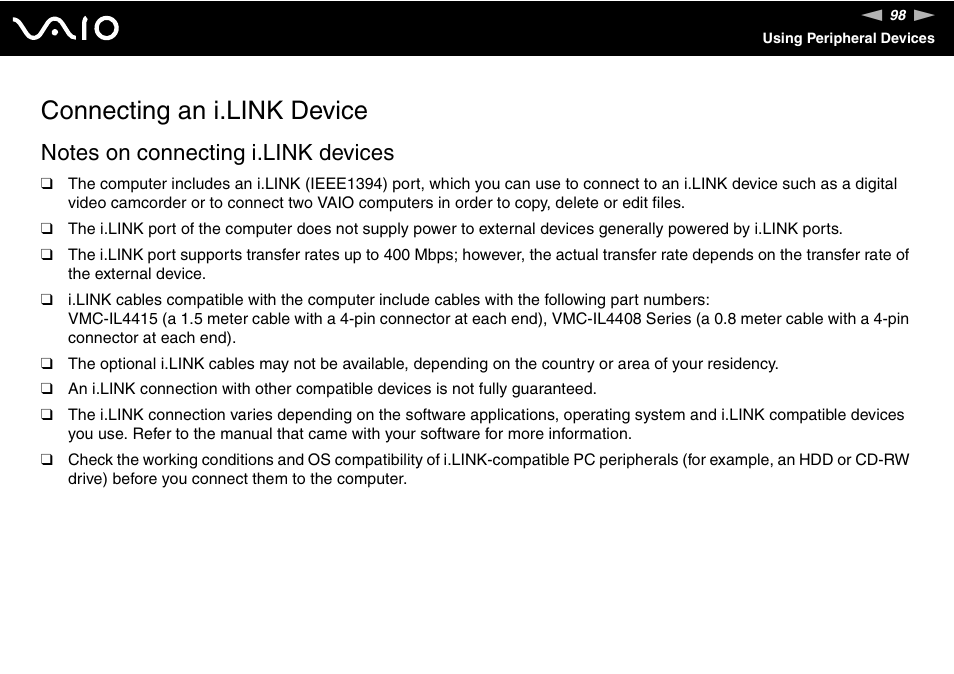 Connecting an i.link device | Sony VGN-SZ140 User Manual | Page 98 / 221