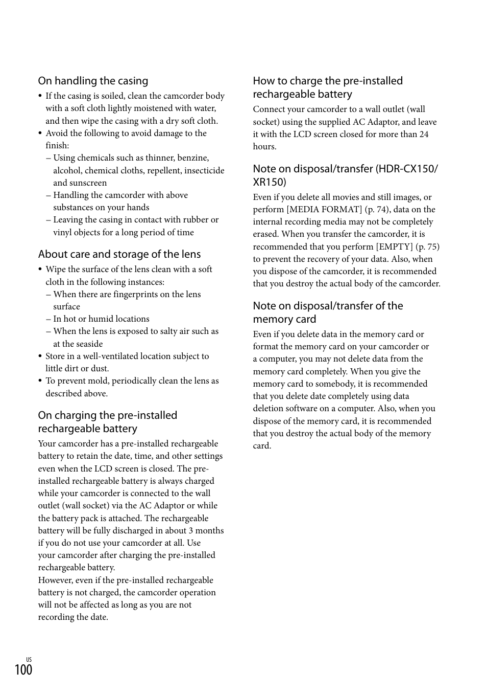 On handling the casing, About care and storage of the lens, On charging the pre-installed rechargeable battery | Sony HDR-XR150 User Manual | Page 100 / 109