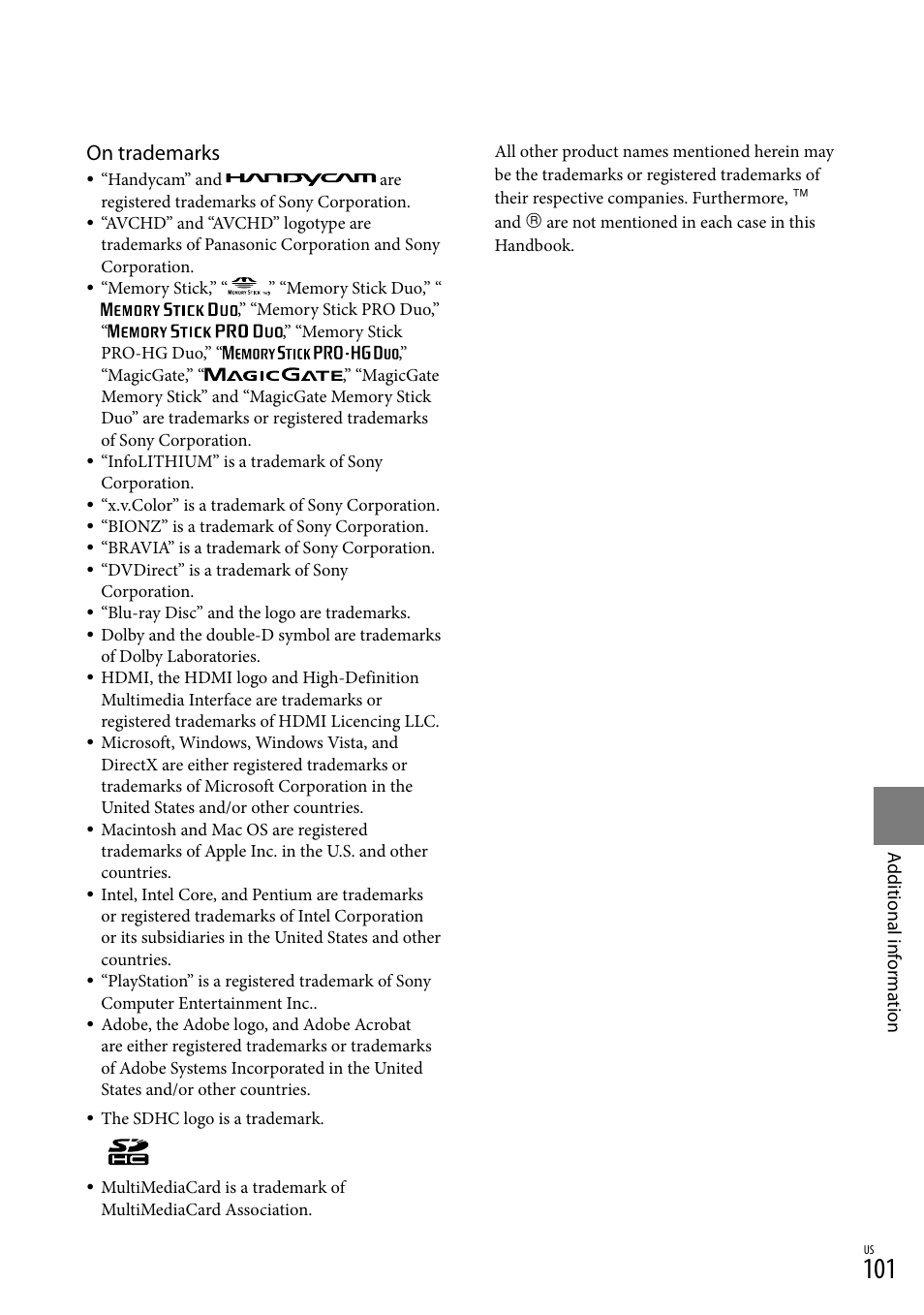 On trademarks | Sony HDR-XR150 User Manual | Page 101 / 109