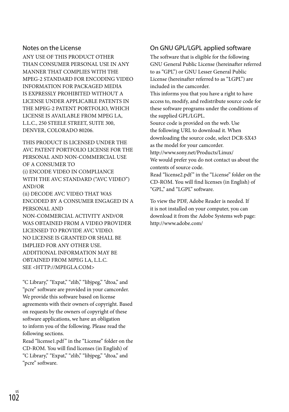 On gnu gpl/lgpl applied software | Sony HDR-XR150 User Manual | Page 102 / 109