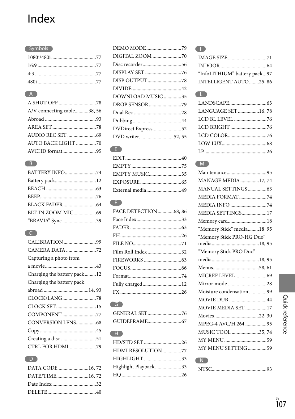 Index | Sony HDR-XR150 User Manual | Page 107 / 109