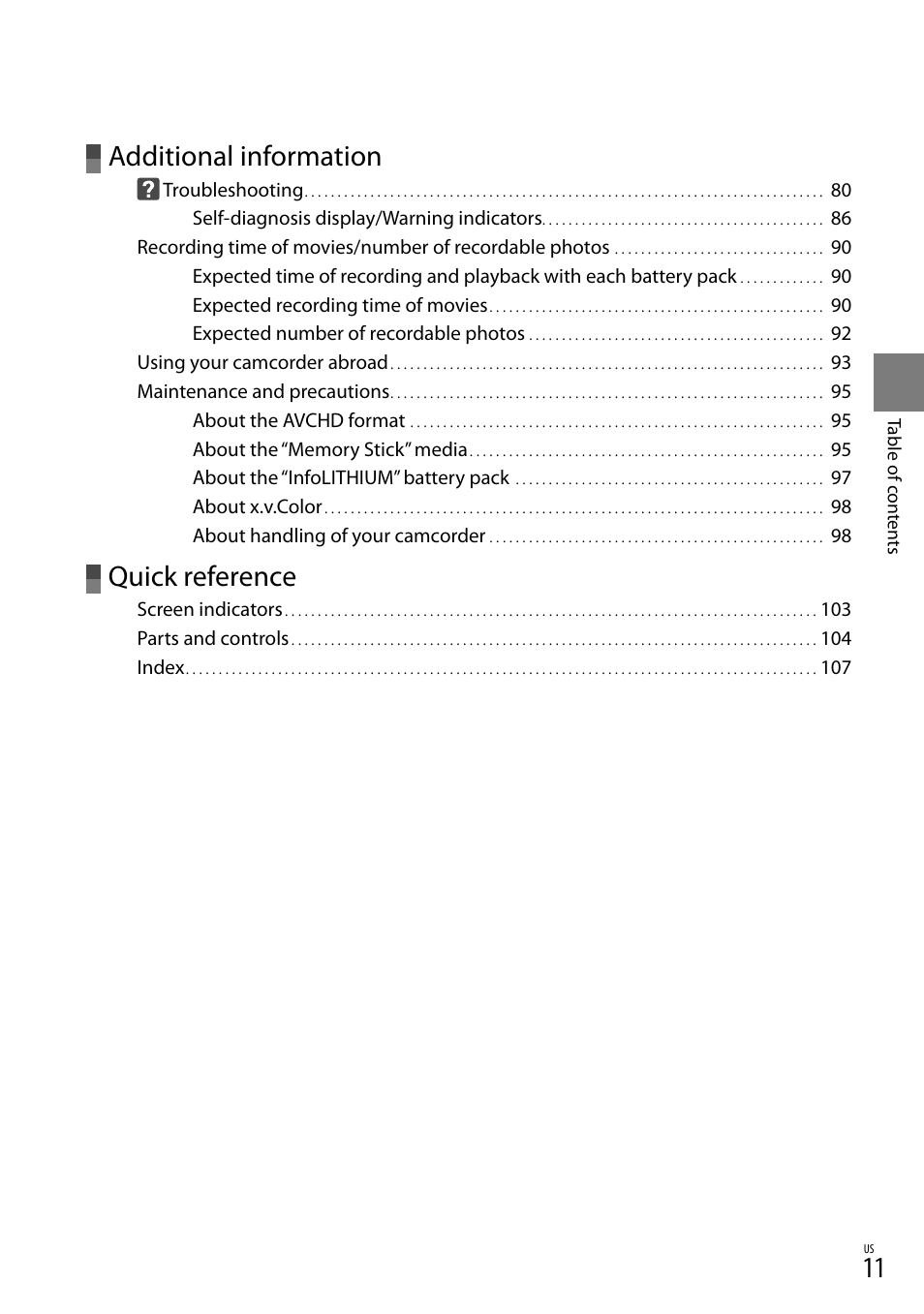 Additional information, Quick reference | Sony HDR-XR150 User Manual | Page 11 / 109