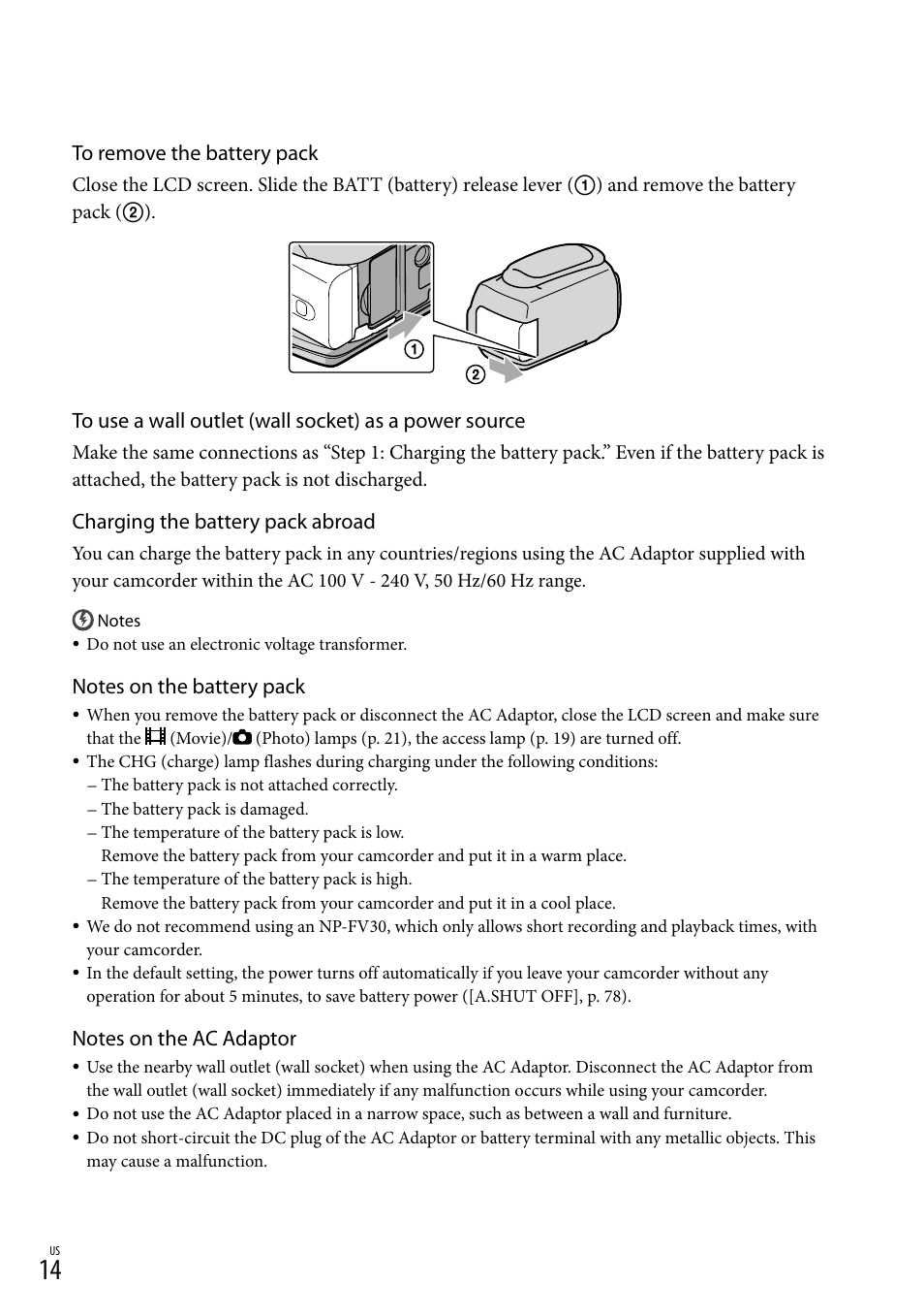 Charging the battery pack abroad | Sony HDR-XR150 User Manual | Page 14 / 109