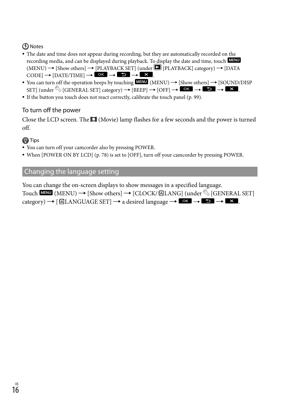 Changing the language setting | Sony HDR-XR150 User Manual | Page 16 / 109