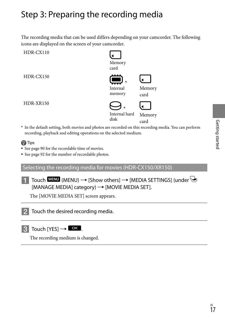 Step 3: preparing the recording media | Sony HDR-XR150 User Manual | Page 17 / 109