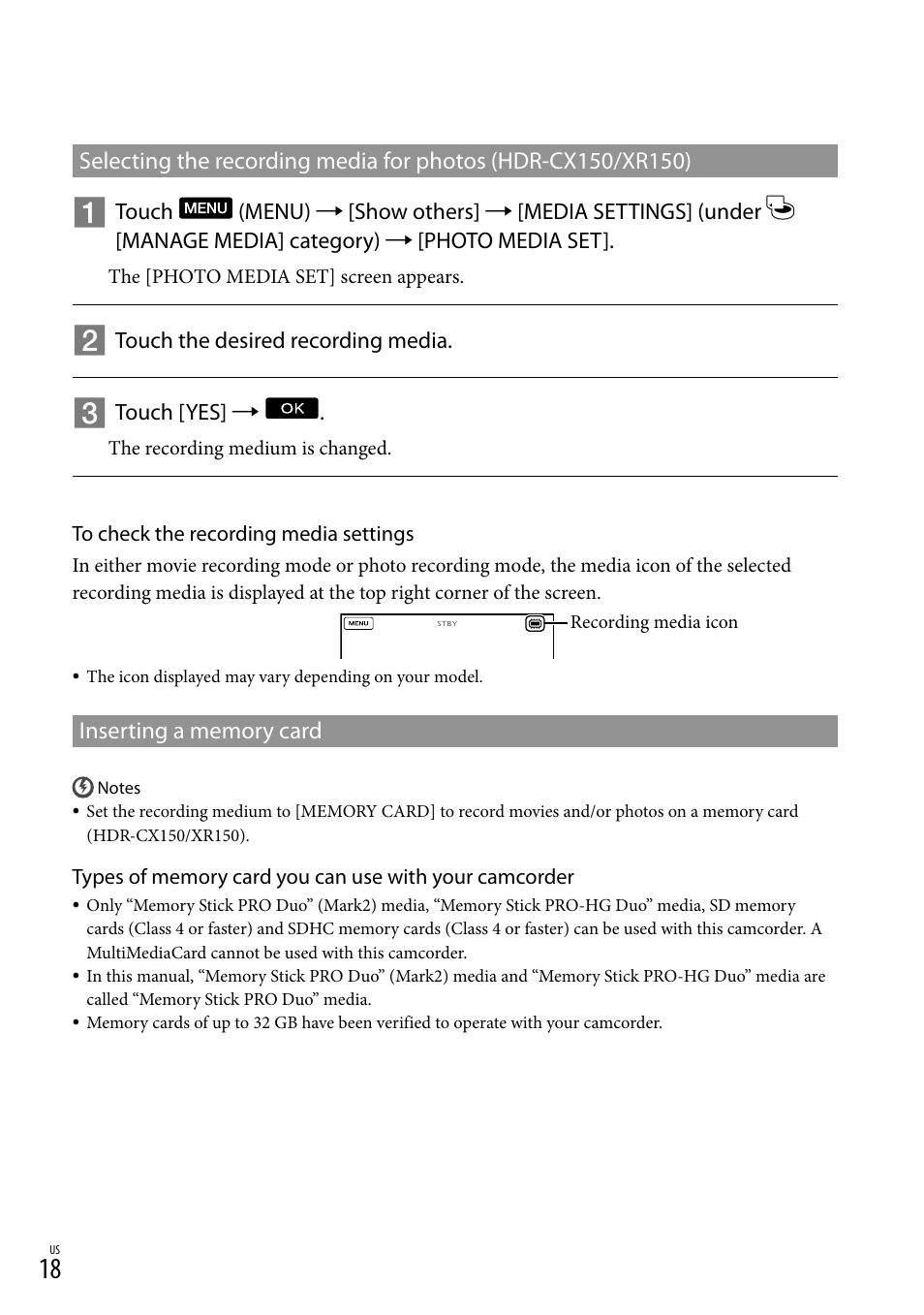 Inserting a memory card, E 18 f | Sony HDR-XR150 User Manual | Page 18 / 109