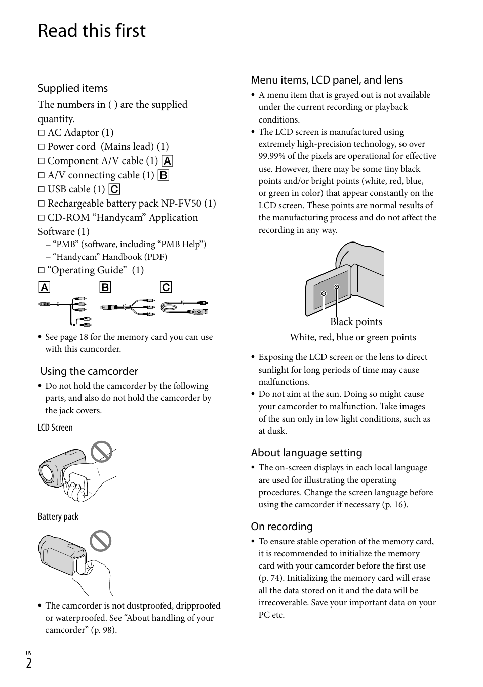 Read this first, Supplied items, Using the camcorder | Menu items, lcd panel, and lens, About language setting, On recording | Sony HDR-XR150 User Manual | Page 2 / 109