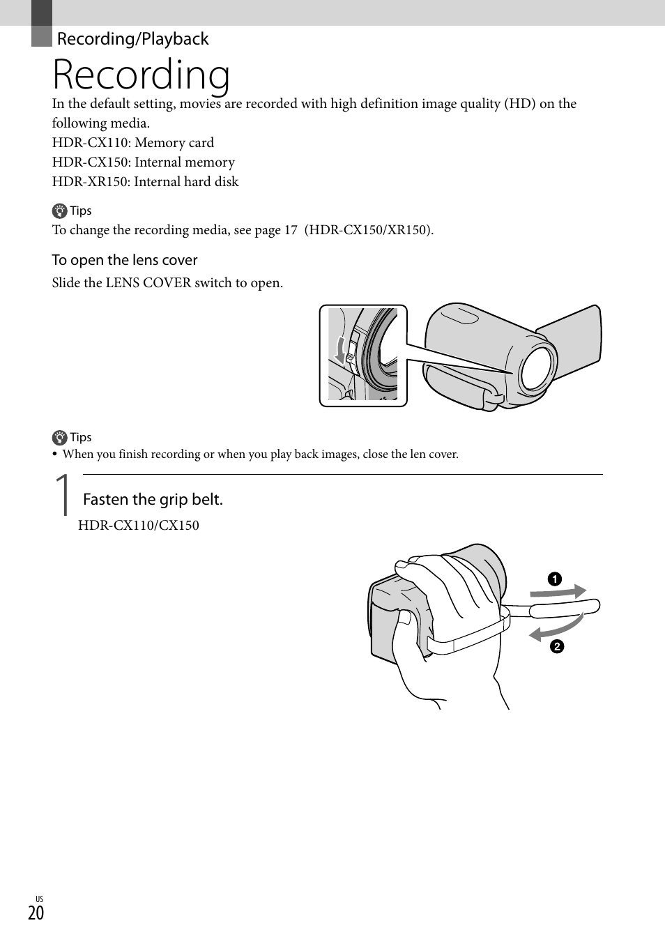 Recording/playback, Recording | Sony HDR-XR150 User Manual | Page 20 / 109