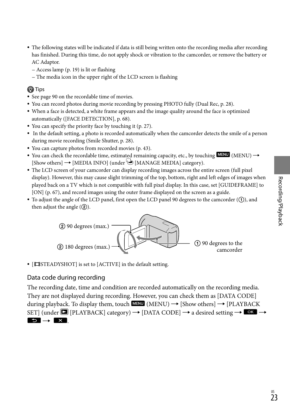 Data code during recording | Sony HDR-XR150 User Manual | Page 23 / 109