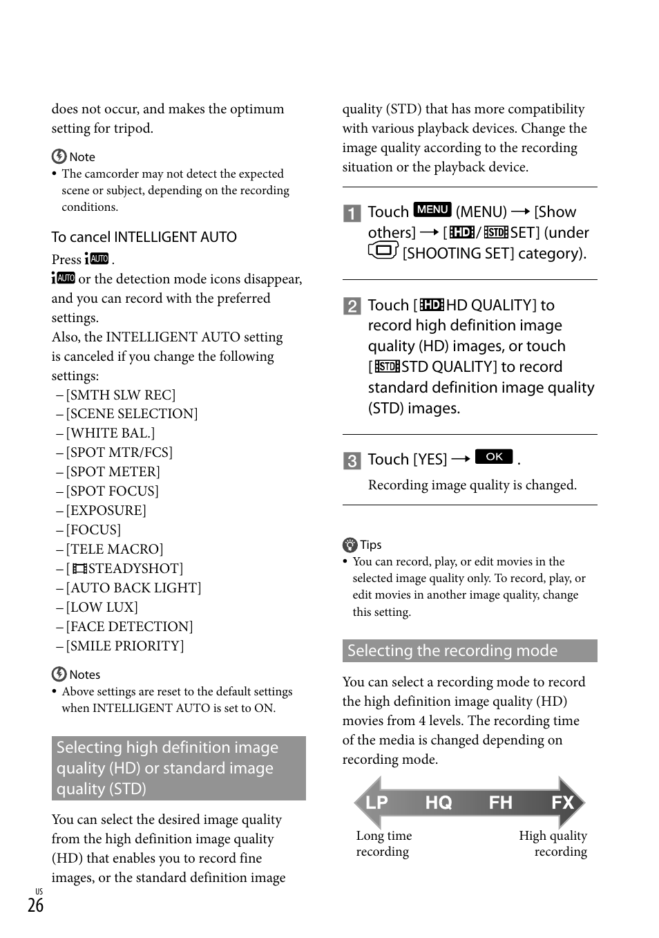 Selecting the recording mode | Sony HDR-XR150 User Manual | Page 26 / 109
