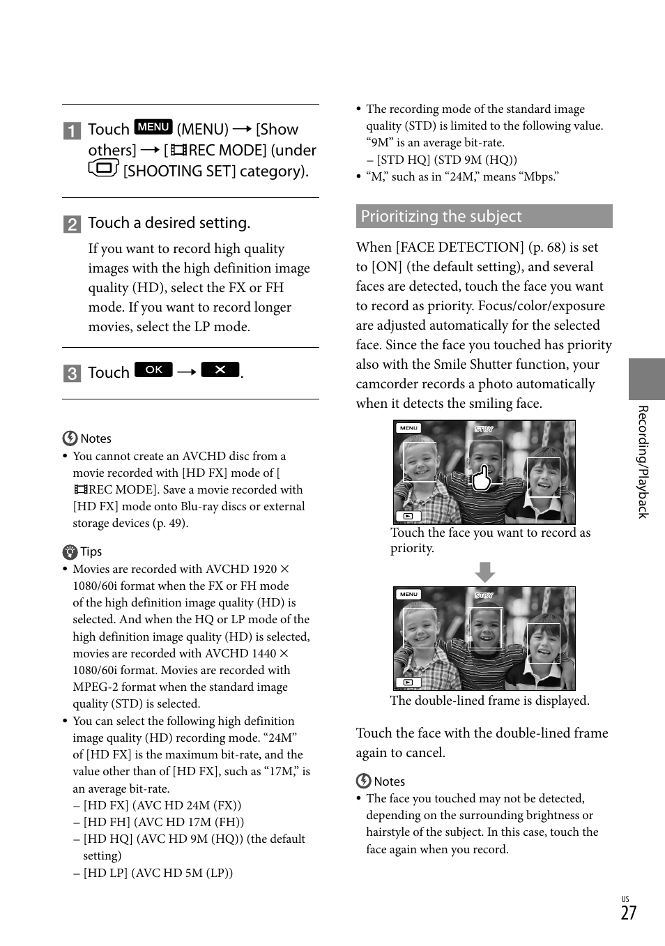 Prioritizing the subject, T(27), Touch | Sony HDR-XR150 User Manual | Page 27 / 109