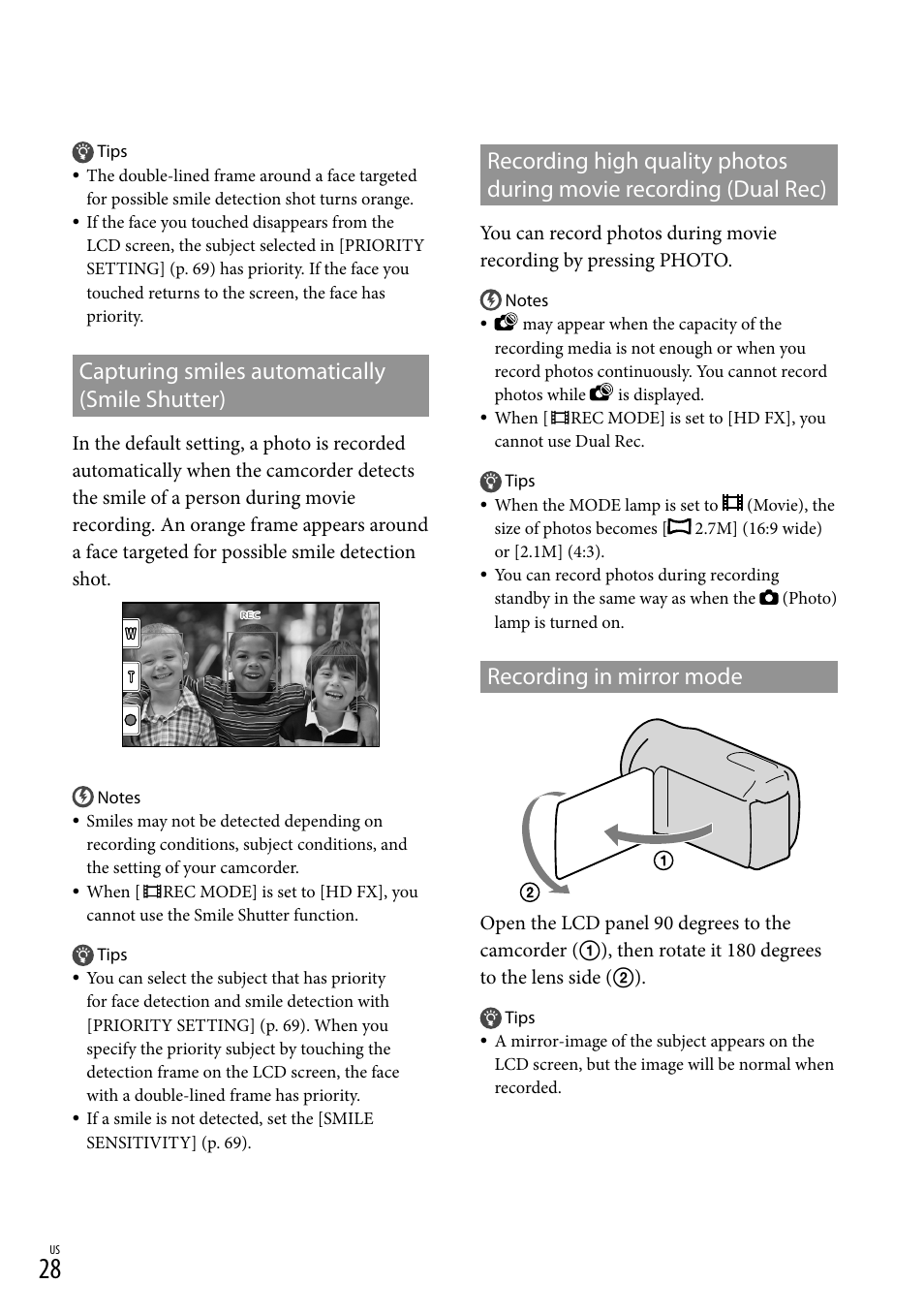 Capturing smiles automatically (smile shutter), Recording in mirror mode, C(28) | Er (28) | Sony HDR-XR150 User Manual | Page 28 / 109
