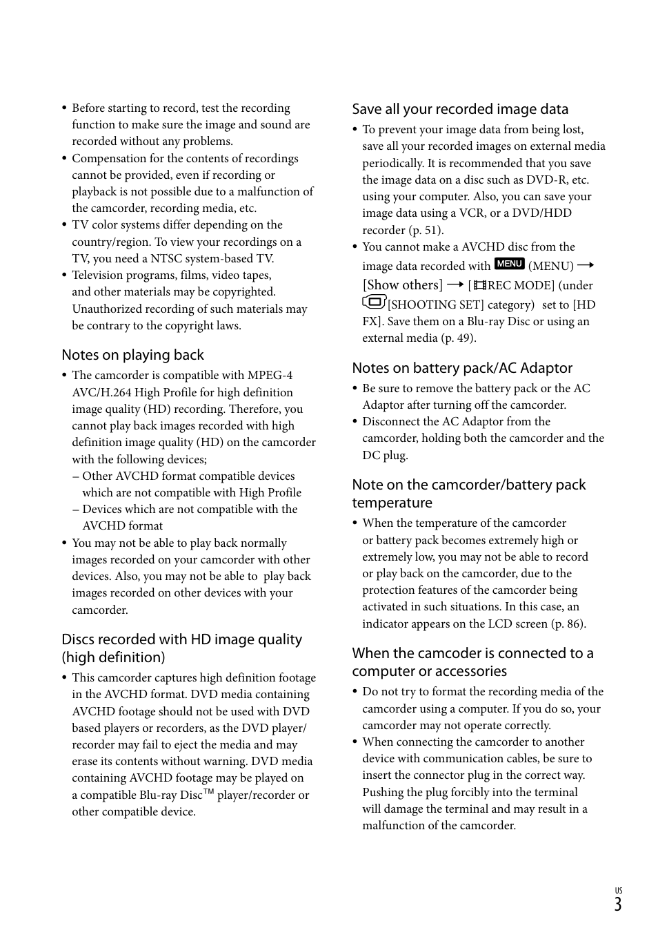 Save all your recorded image data | Sony HDR-XR150 User Manual | Page 3 / 109