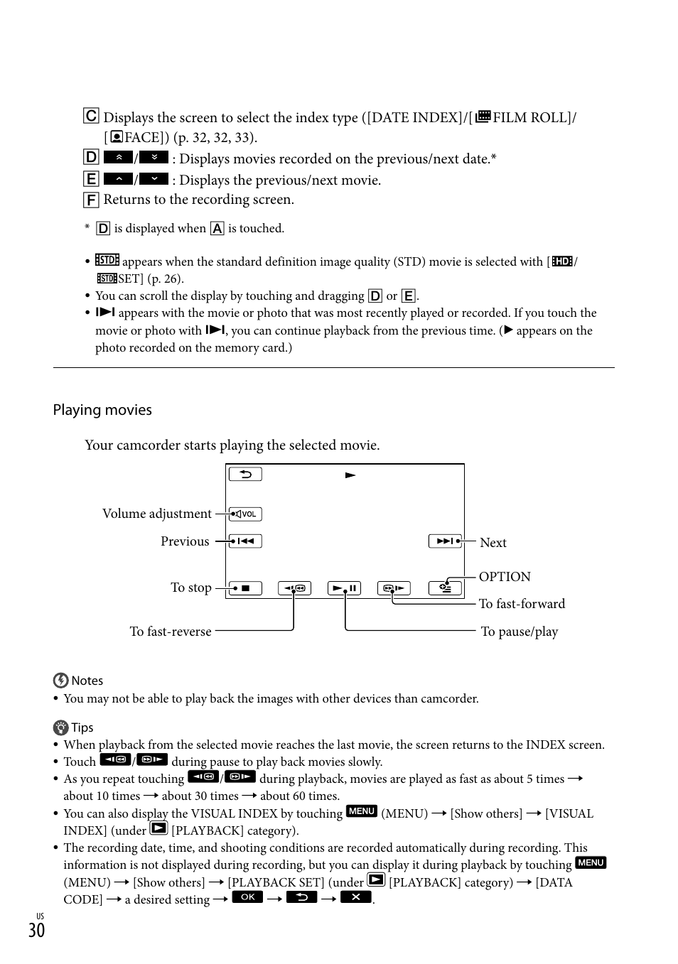 Playing movies | Sony HDR-XR150 User Manual | Page 30 / 109
