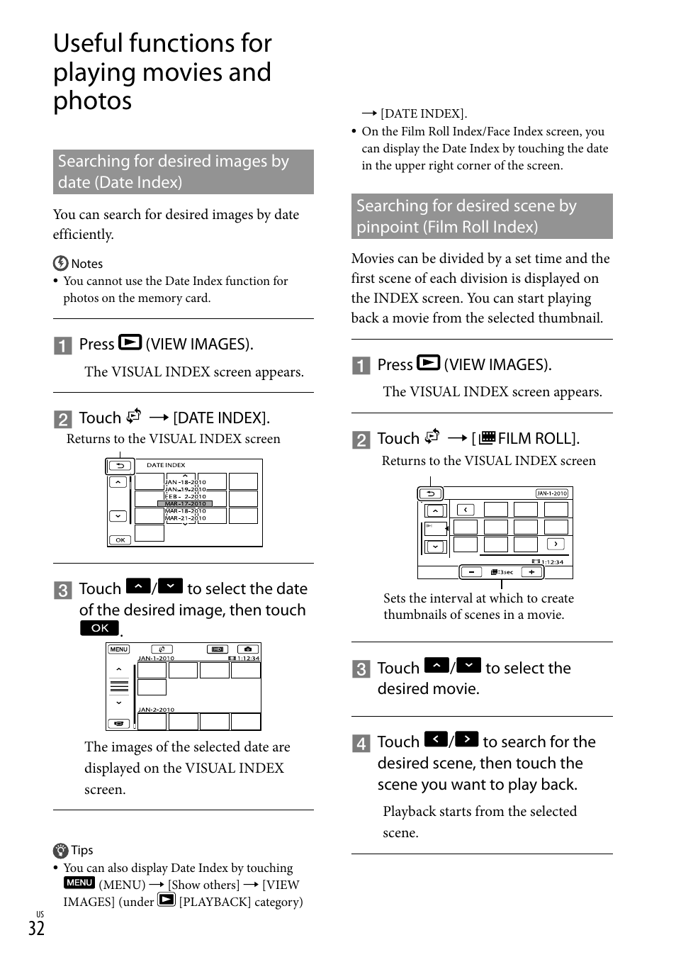 Useful functions for playing movies and photos, Searching for desired images by date (date index) | Sony HDR-XR150 User Manual | Page 32 / 109
