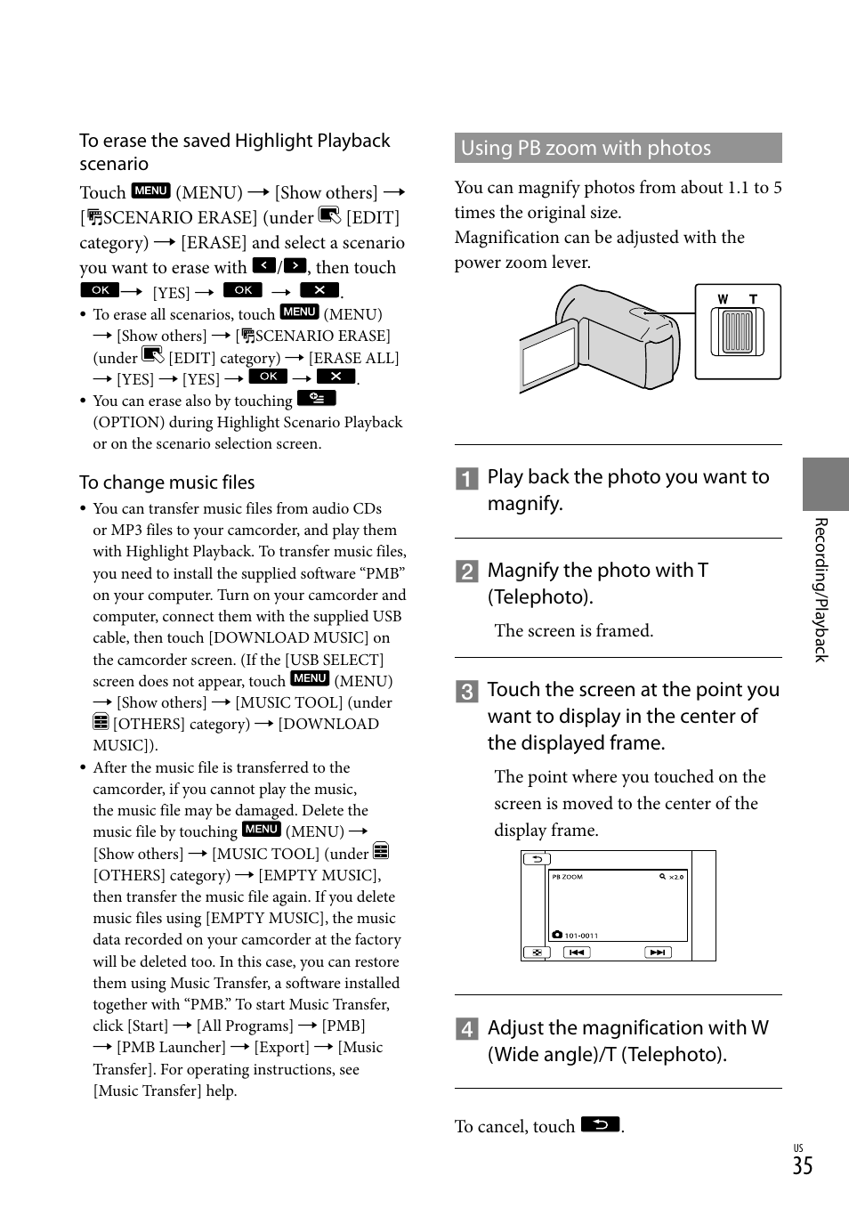 Using pb zoom with photos | Sony HDR-XR150 User Manual | Page 35 / 109