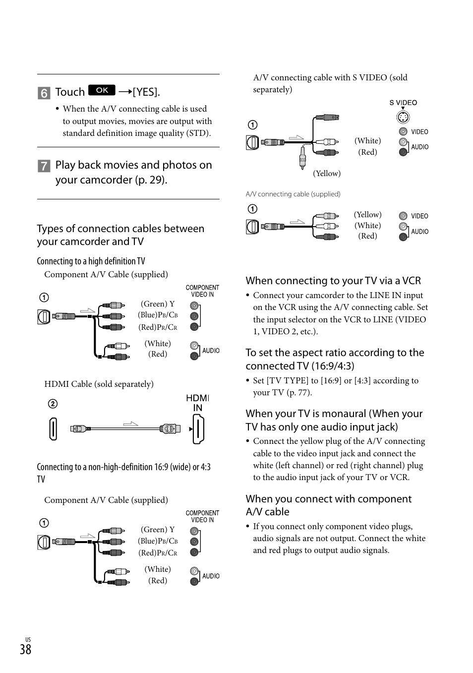Touch [yes, When connecting to your tv via a vcr, When you connect with component a/v cable | Sony HDR-XR150 User Manual | Page 38 / 109