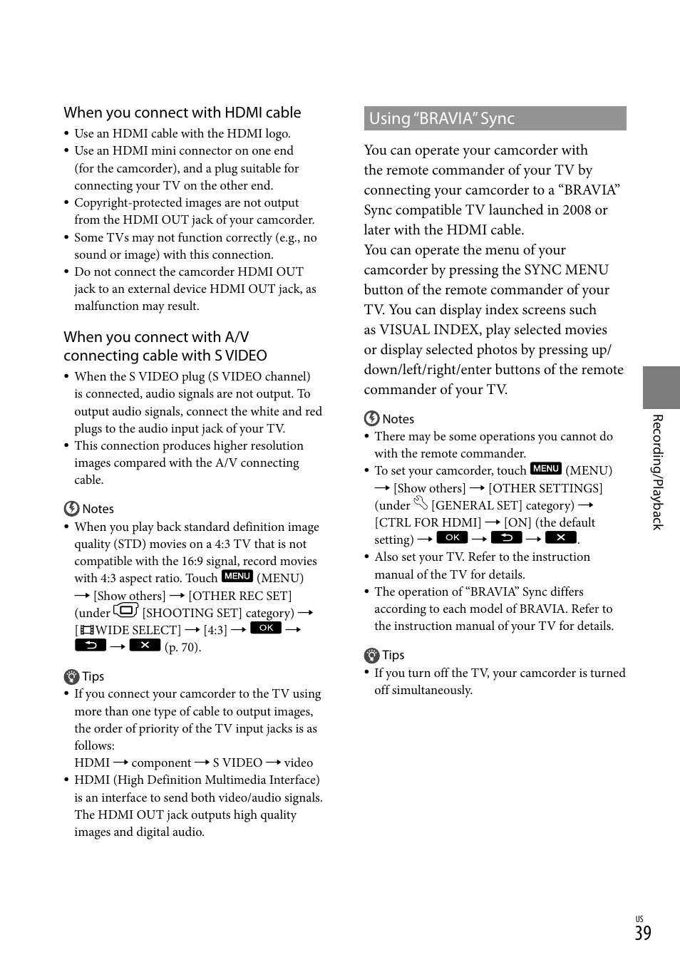 Using “bravia” sync, When you connect with hdmi cable | Sony HDR-XR150 User Manual | Page 39 / 109