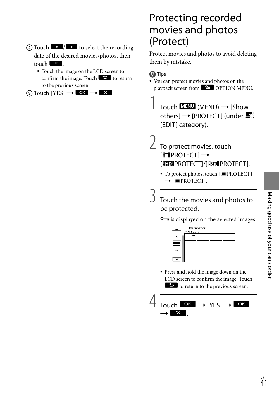 Protecting recorded movies and photos (protect) | Sony HDR-XR150 User Manual | Page 41 / 109