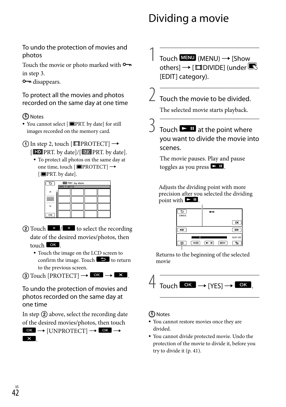 Dividing a movie | Sony HDR-XR150 User Manual | Page 42 / 109