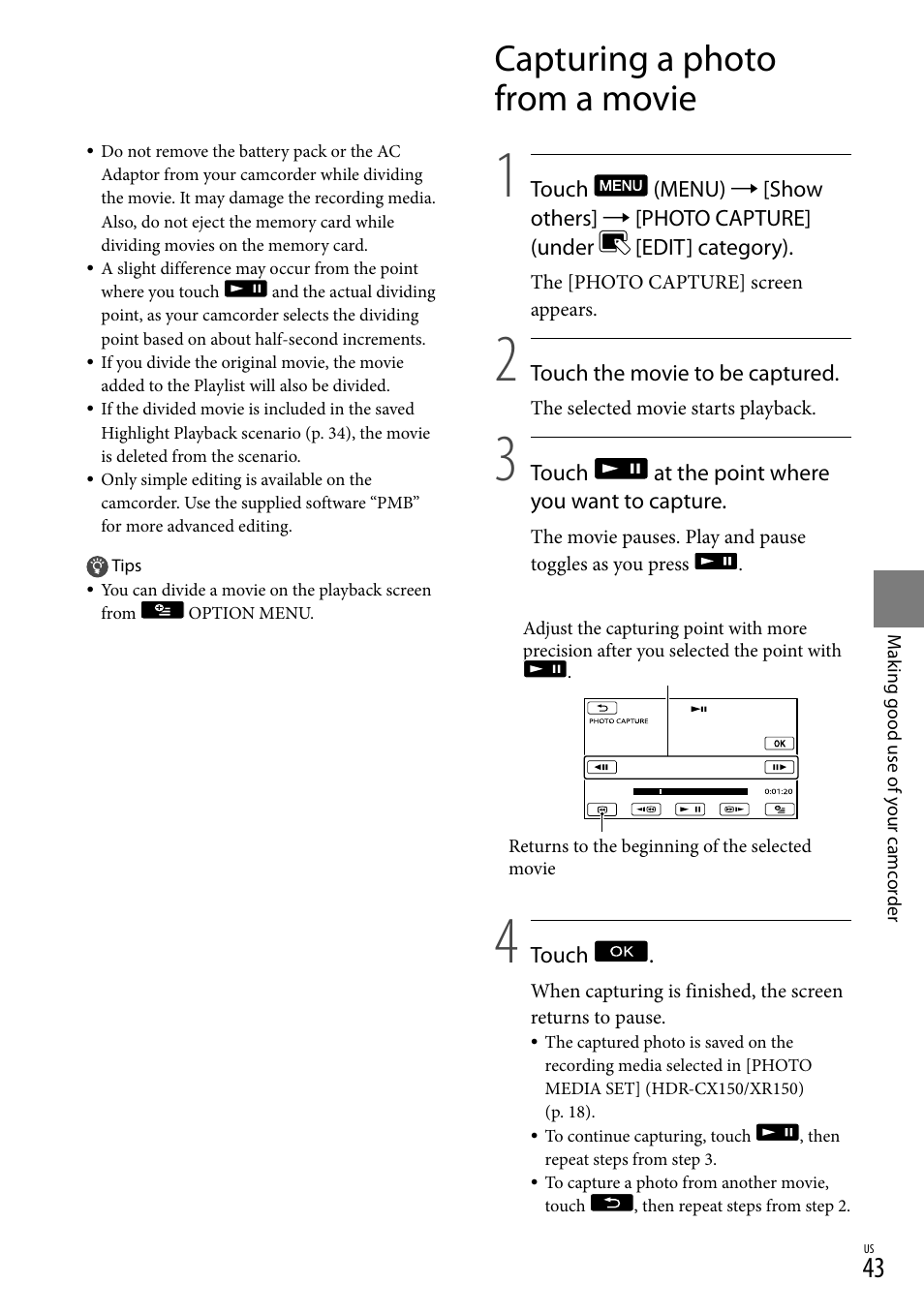 Capturing a photo from a movie | Sony HDR-XR150 User Manual | Page 43 / 109