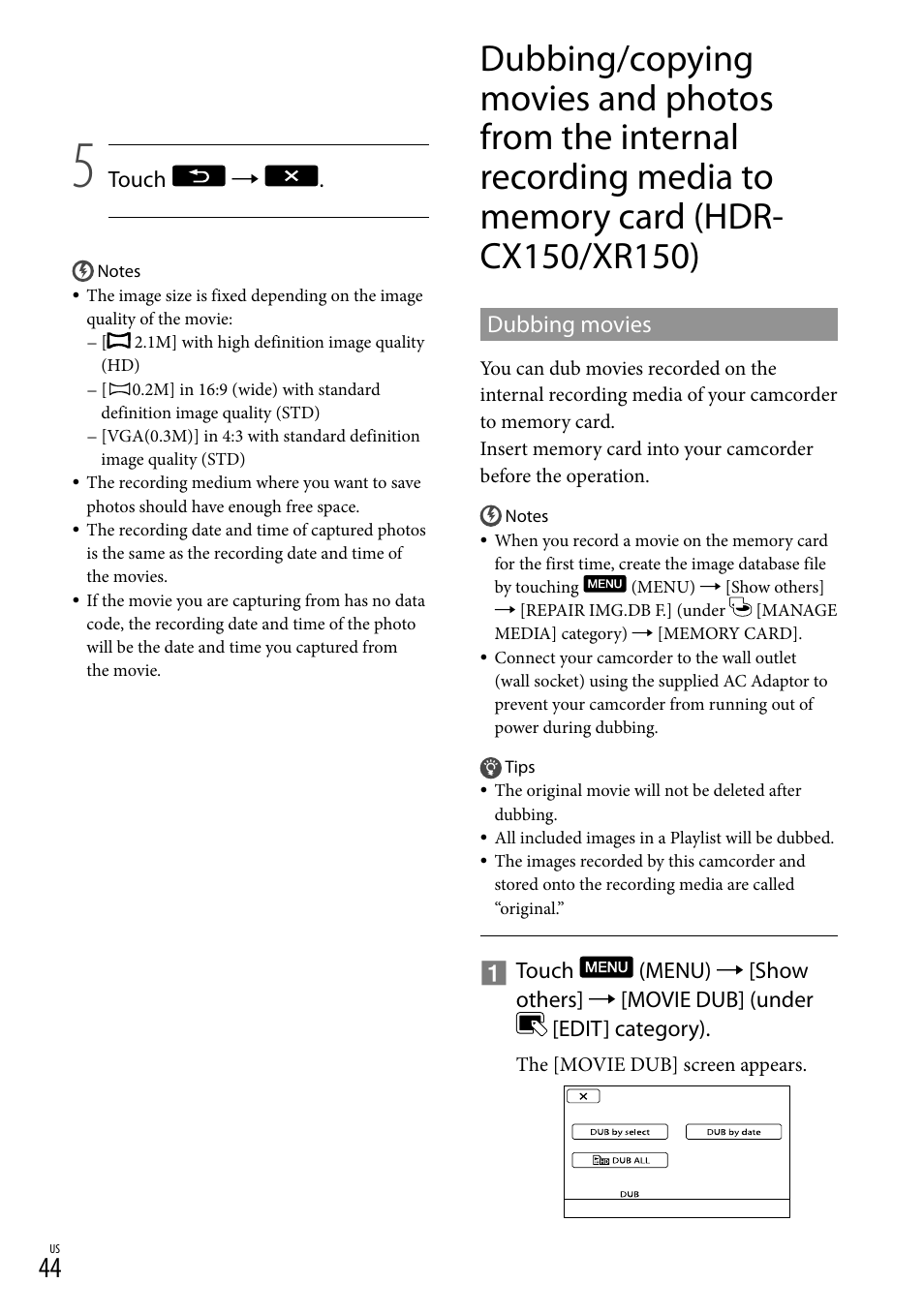 Dubbing movies | Sony HDR-XR150 User Manual | Page 44 / 109