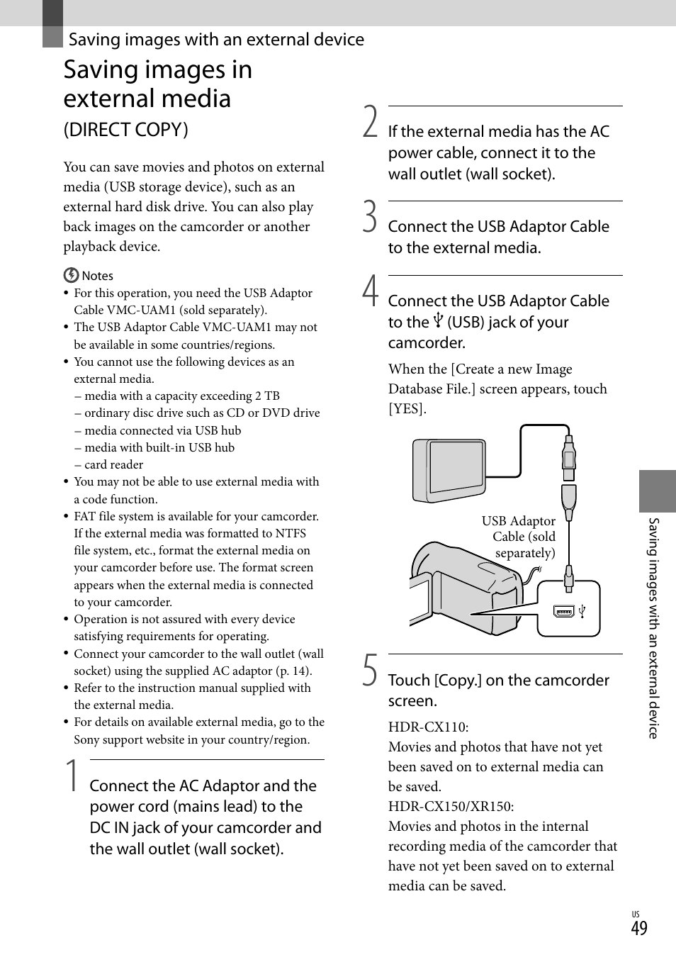 Saving images with an external device, Saving images in external media (direct copy), Saving images in external media | Direct copy) | Sony HDR-XR150 User Manual | Page 49 / 109