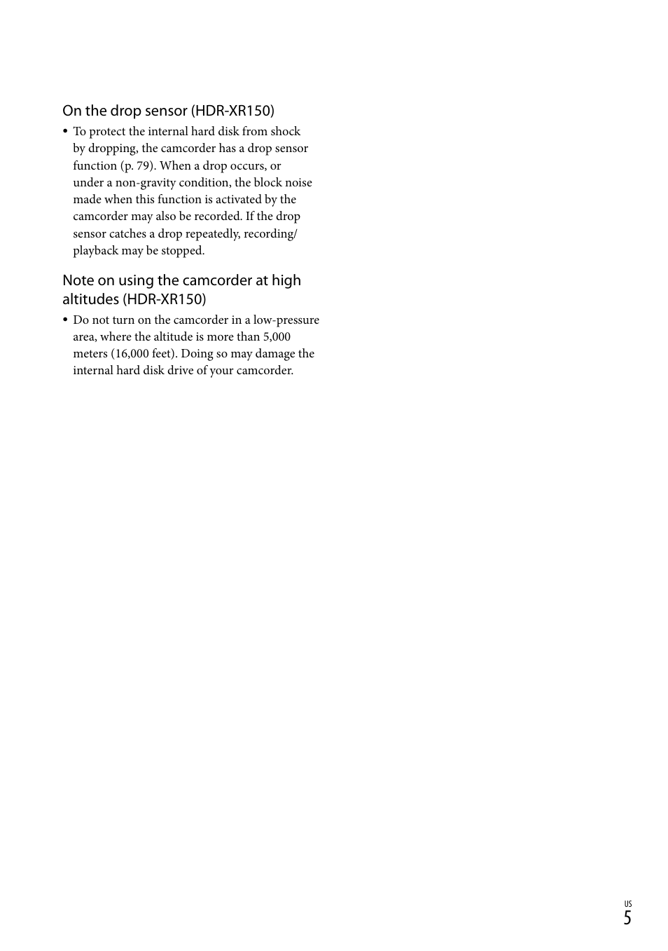 On the drop sensor (hdr-xr150) | Sony HDR-XR150 User Manual | Page 5 / 109