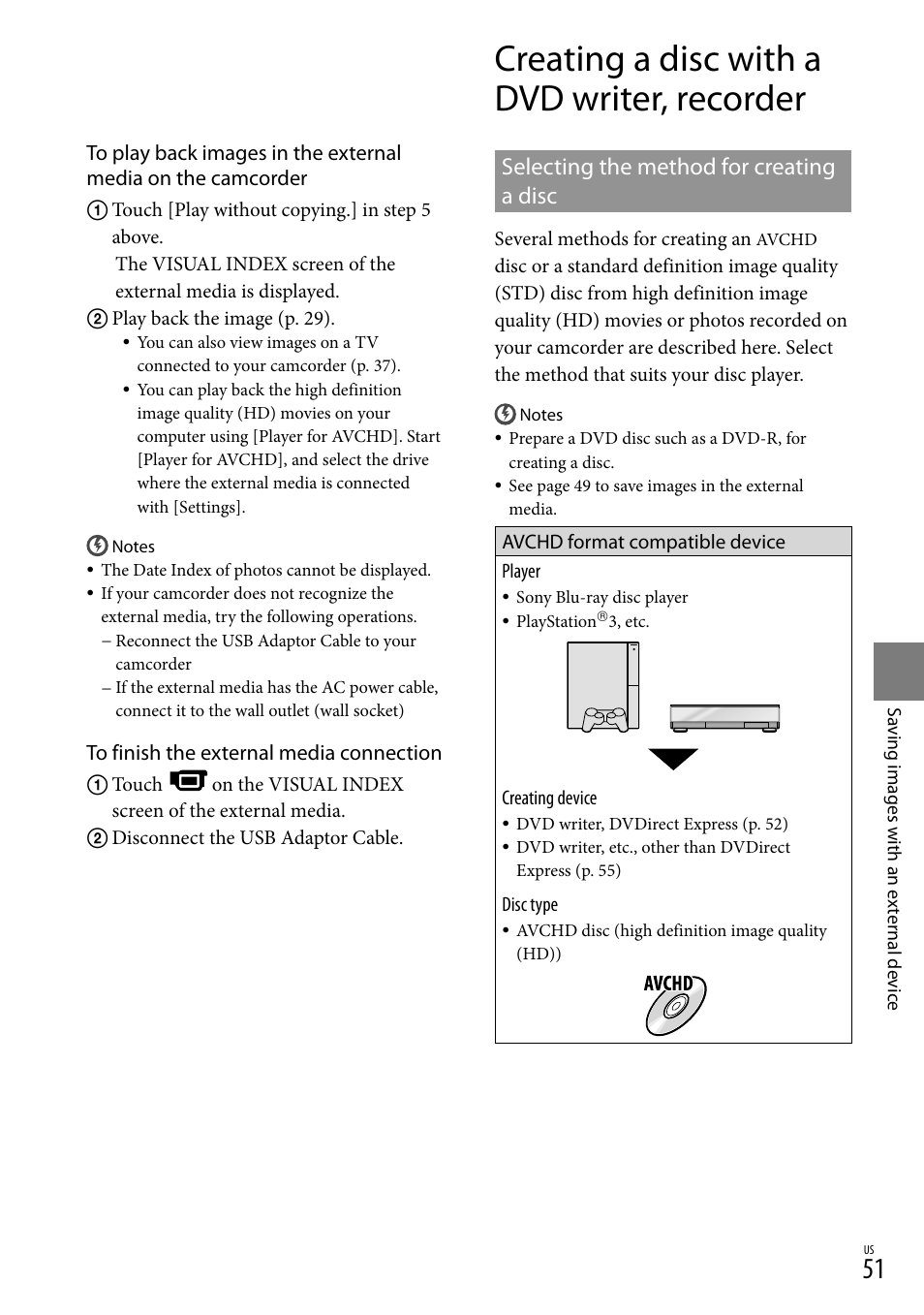 Creating a disc with a dvd writer, recorder, Selecting the method for creating a disc | Sony HDR-XR150 User Manual | Page 51 / 109