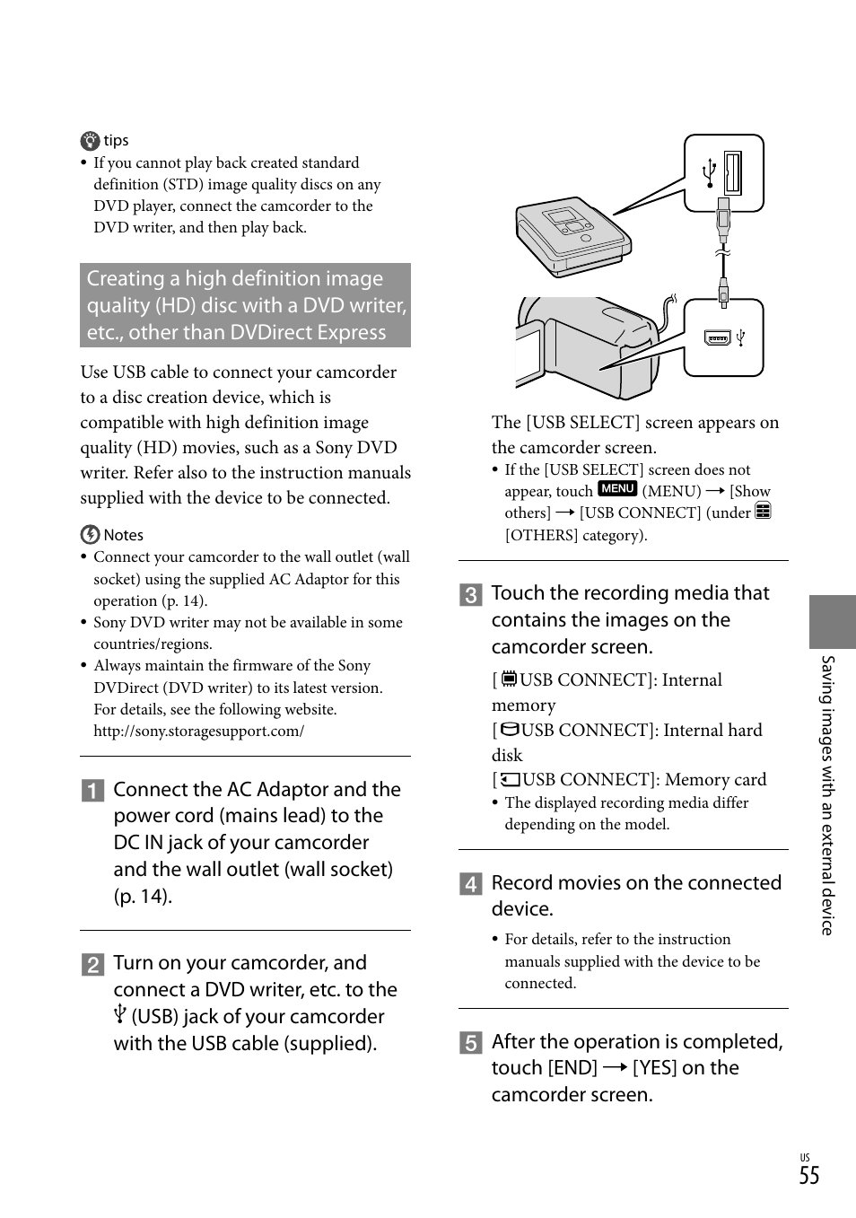 Other than dvdirect express, Record movies on the connected device | Sony HDR-XR150 User Manual | Page 55 / 109