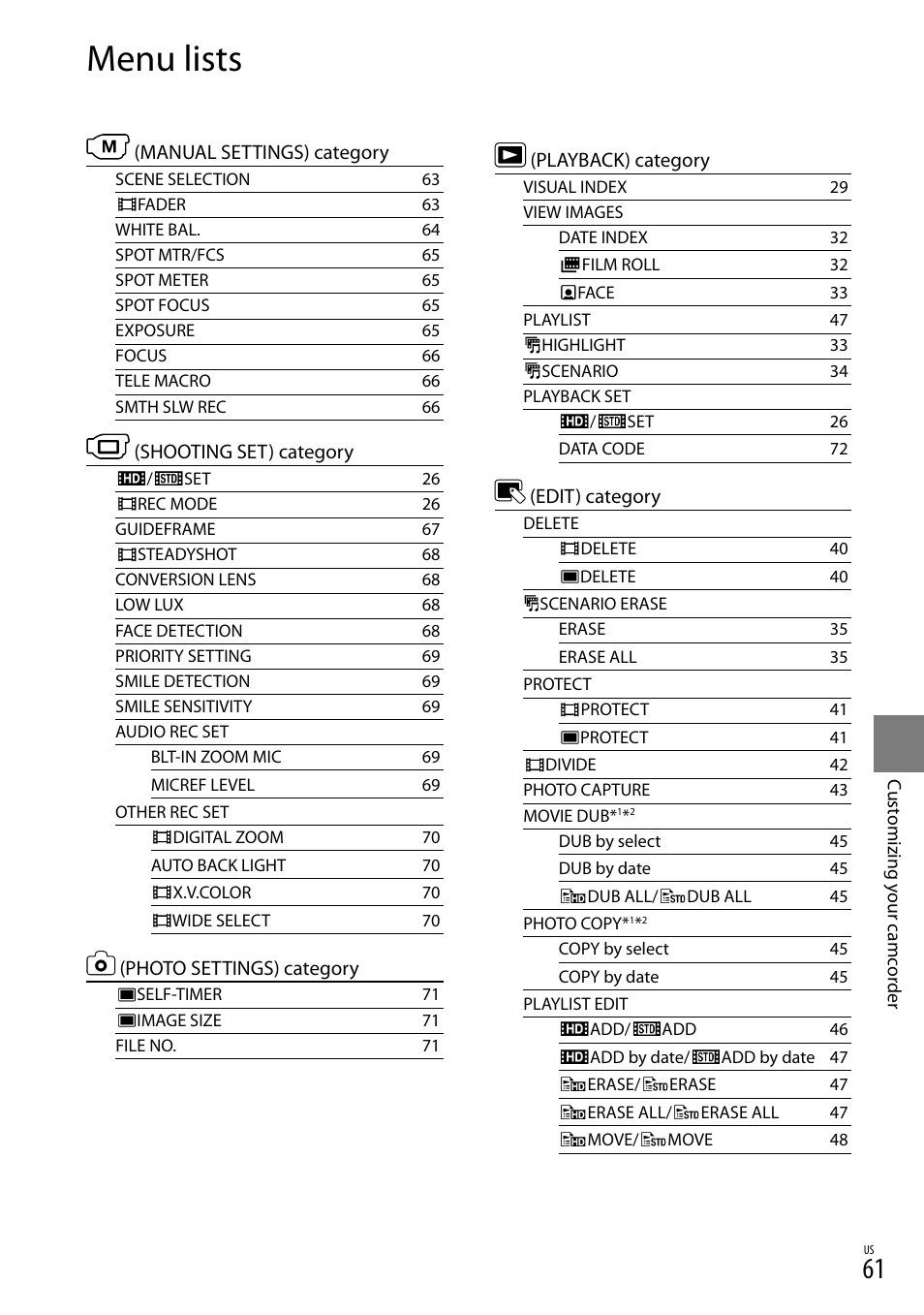 Menu lists | Sony HDR-XR150 User Manual | Page 61 / 109