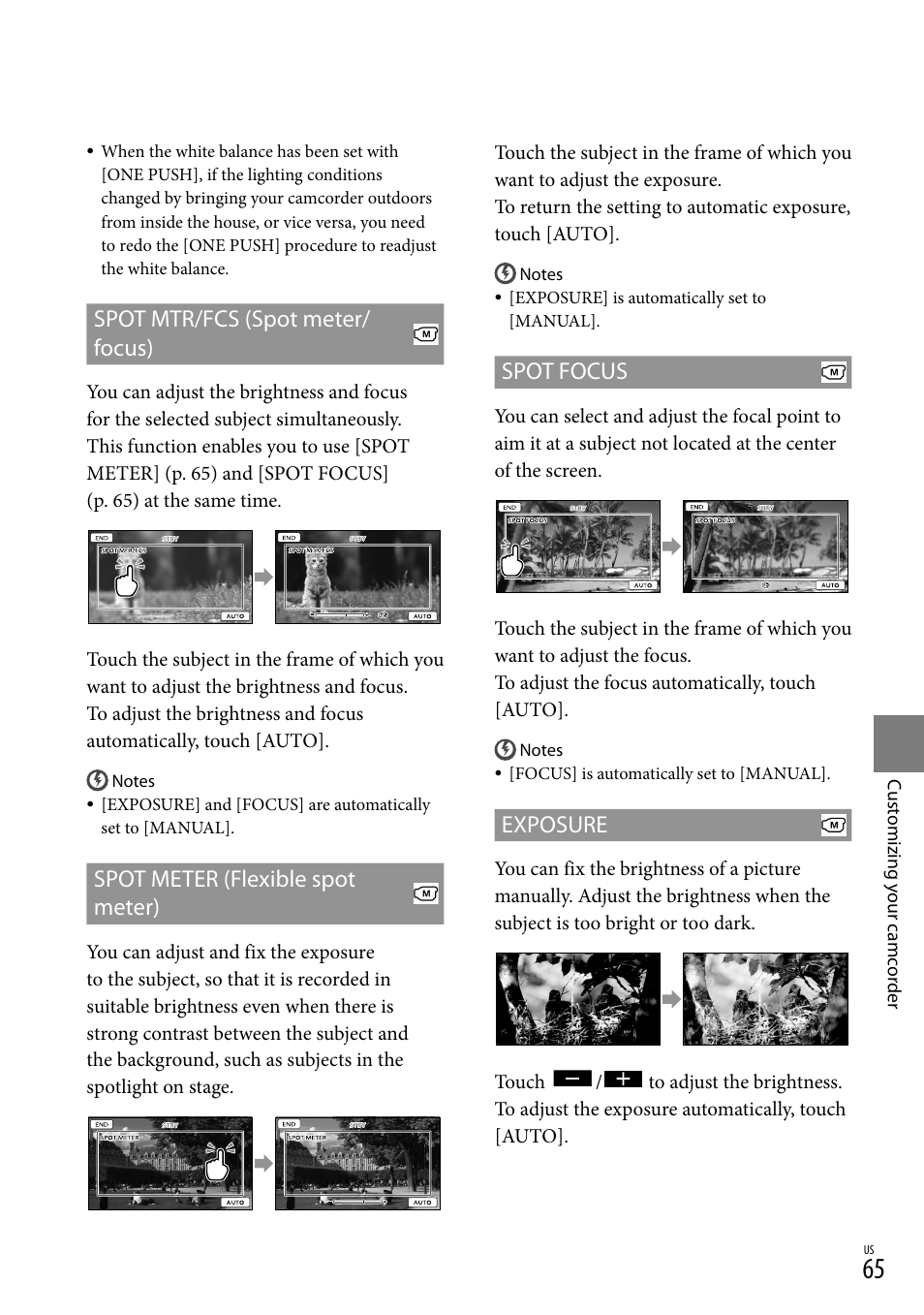 Cus(65), Spot mtr/fcs (spot meter/ focus), Spot meter (flexible spot meter) | Spot focus, Exposure | Sony HDR-XR150 User Manual | Page 65 / 109