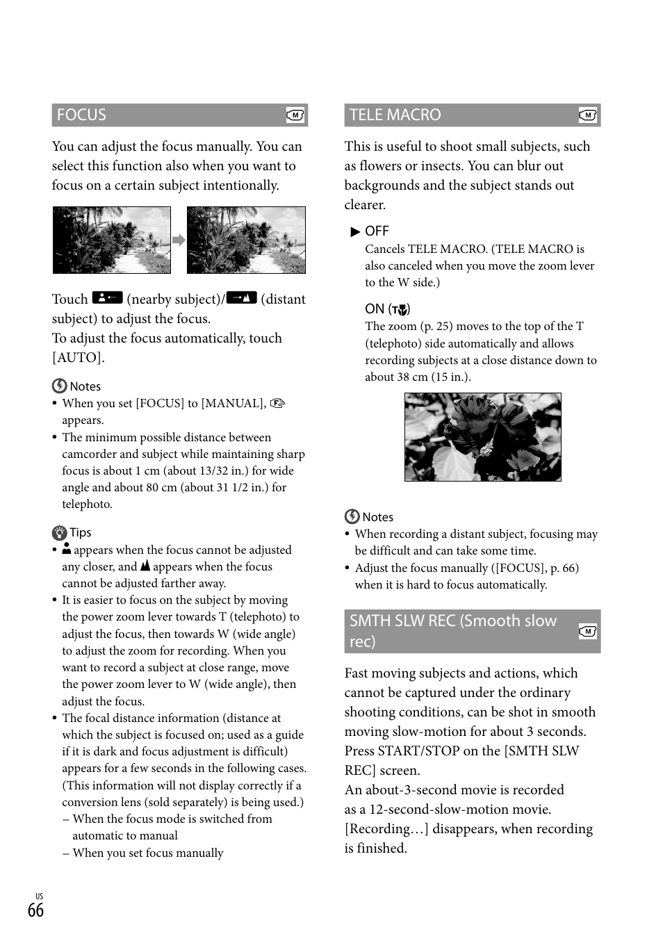 W rec(66), Focus, Tele macro | Smth slw rec (smooth slow rec) | Sony HDR-XR150 User Manual | Page 66 / 109