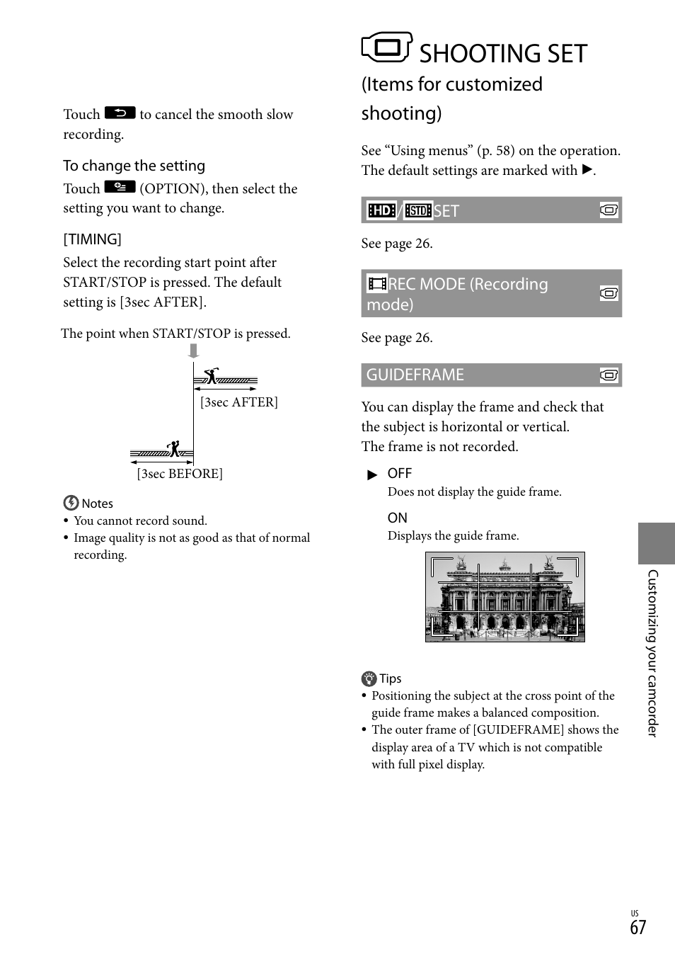 Shooting set (items for customized shooting), Shooting set, Items for customized shooting) | 67), a, Rec mode (recording mode), Guideframe | Sony HDR-XR150 User Manual | Page 67 / 109