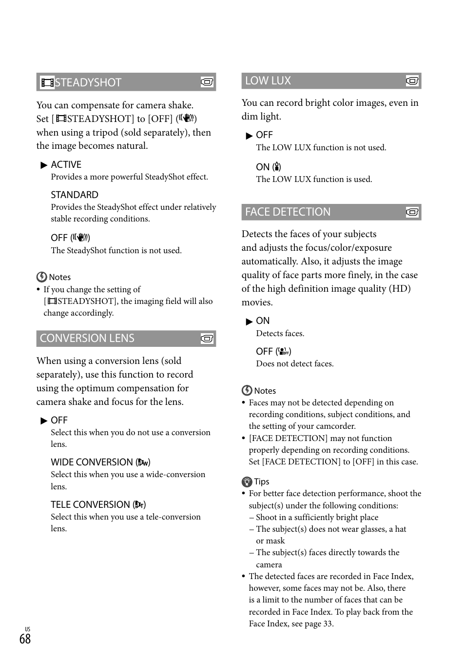 Ux(68), Steadyshot, Conversion lens | Low lux, Face detection | Sony HDR-XR150 User Manual | Page 68 / 109