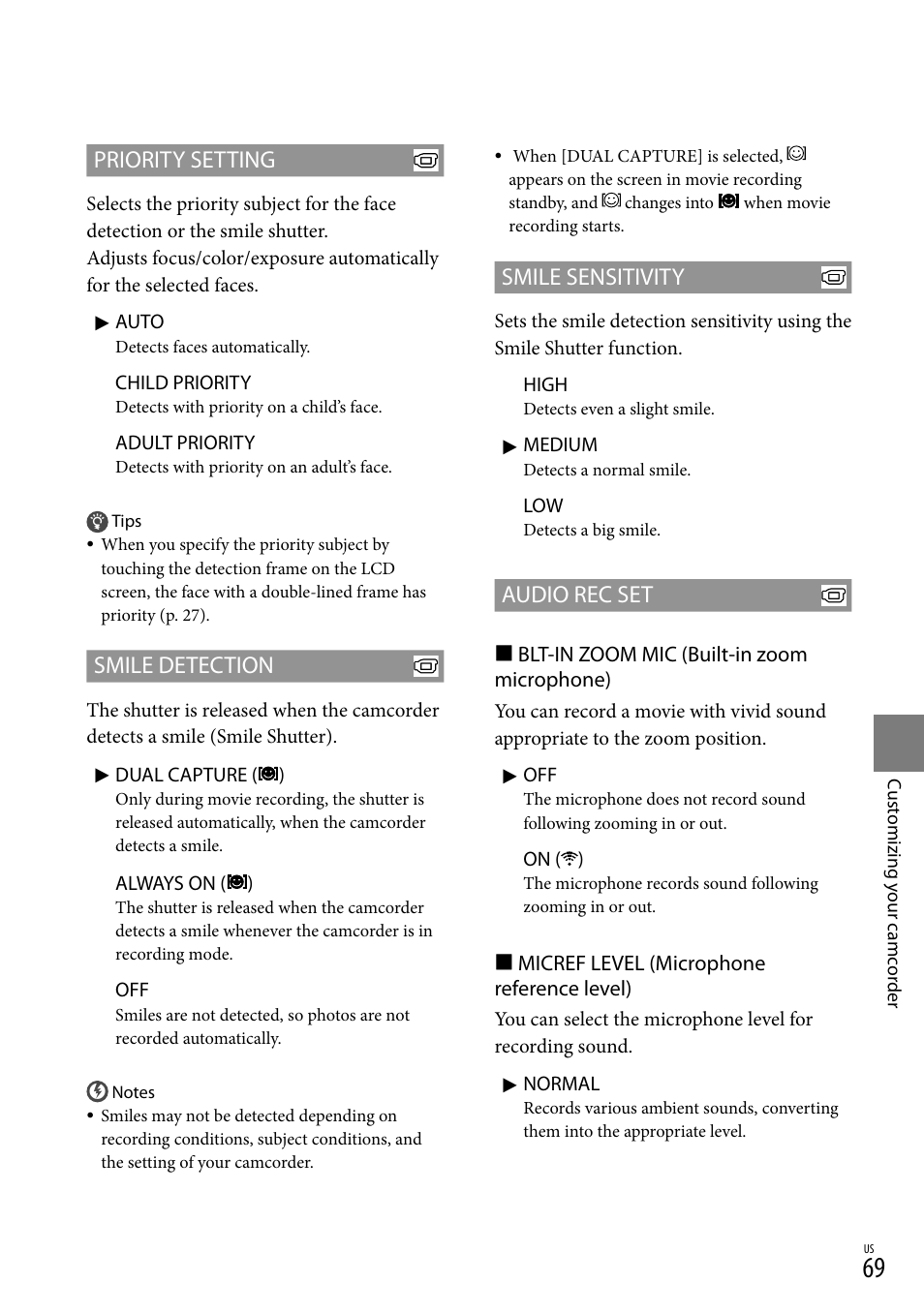 Smile sensitivity, Audio rec set, Priority setting | Smile detection | Sony HDR-XR150 User Manual | Page 69 / 109