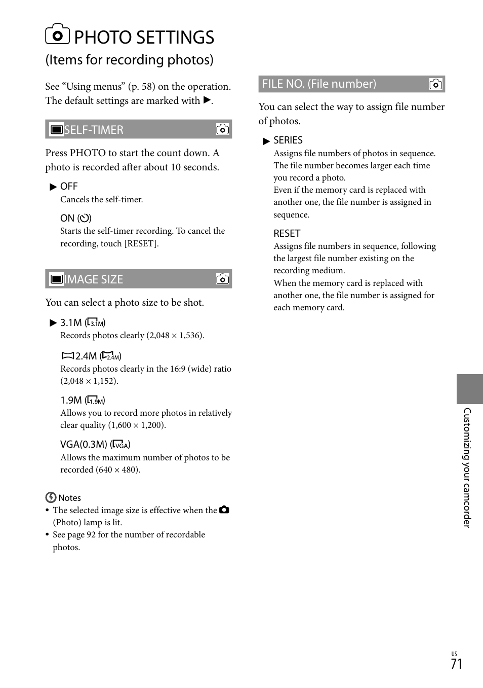 Photo settings (items for recording photos), Photo settings, Items for recording photos) | Self-timer, Image size, File no. (file number) | Sony HDR-XR150 User Manual | Page 71 / 109