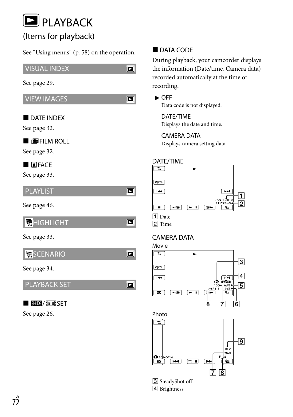 Playback (items for playback), Playback, Items for playback) | Sony HDR-XR150 User Manual | Page 72 / 109