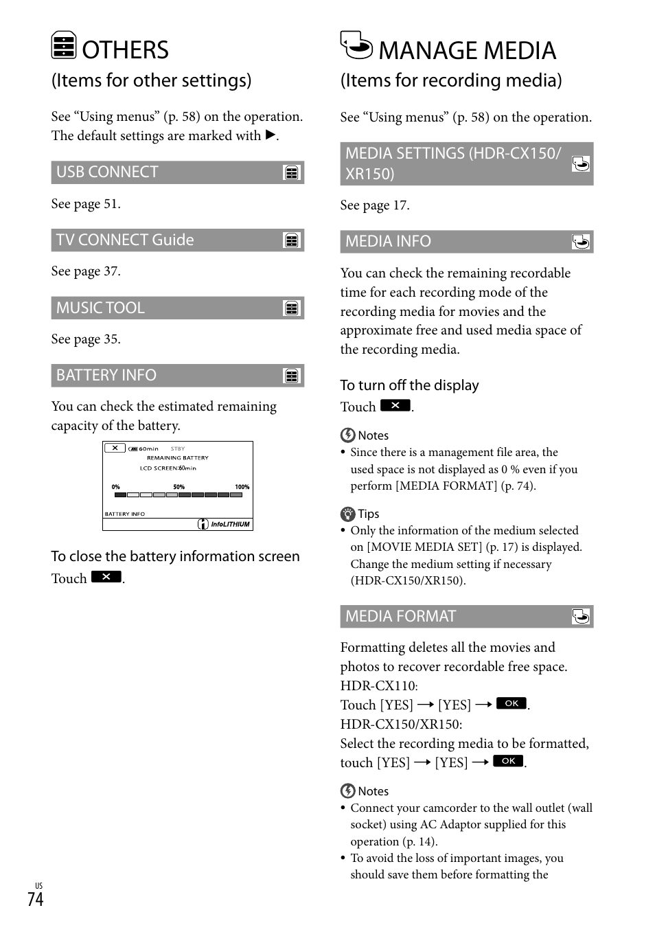 Others (items for other settings), Manage media (items for recording media), 74). i | Others, Items for other settings), Manage media, Items for recording media) | Sony HDR-XR150 User Manual | Page 74 / 109