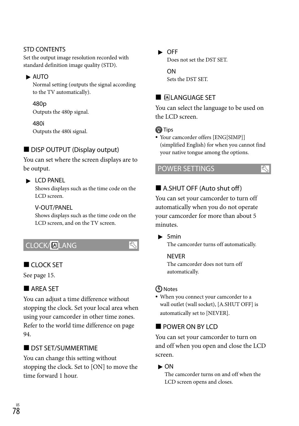 Clock/ lang, Power settings | Sony HDR-XR150 User Manual | Page 78 / 109